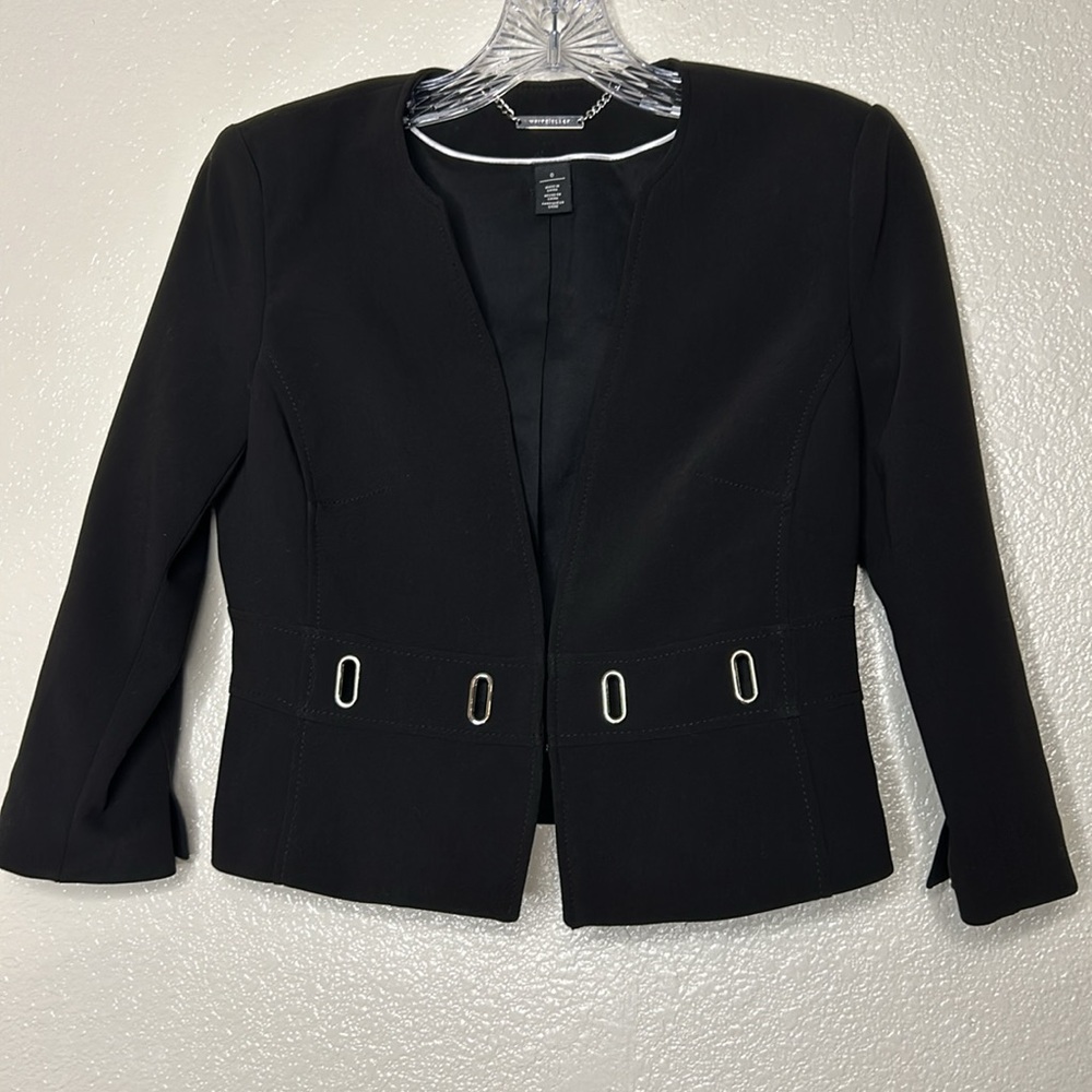 White House Black Market Black Cropped Jacket/Blazer Silver 3/4 Sleeves Sz Small